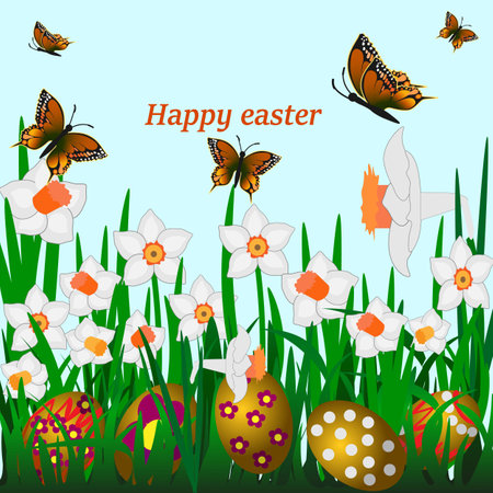 vector graphics. Easter eggs lie in the green grass. Spring flowers daffodils are blooming around and butterflies are flying. Above is the inscription "Happy Easter".のイラスト素材