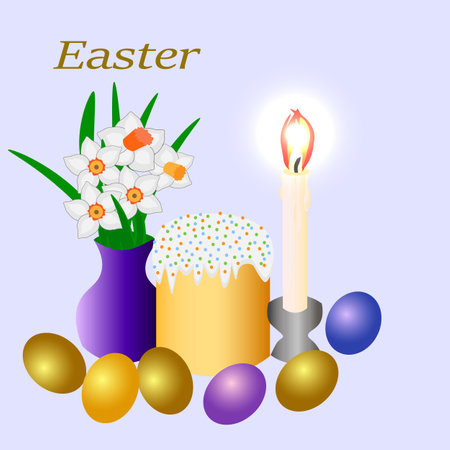 vector graphics. Easter eggs lie on a light blue background, there is a bouquet of narcissuses in a vase, a candle is burning and there is an Easter cake.のイラスト素材