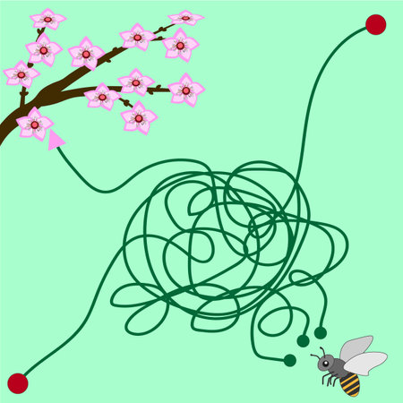 vector graphics. Children's educational game. Find the correct path of the bee to the flowering branch.のイラスト素材