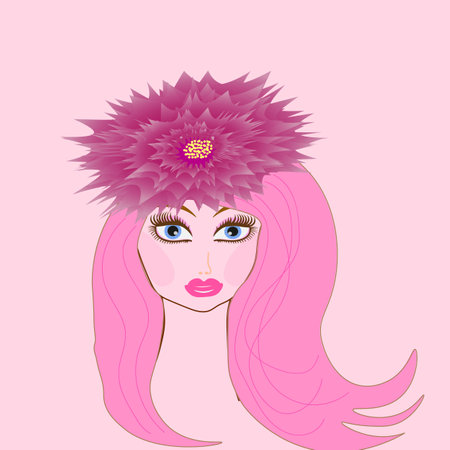 vector graphics. pink aster girl. On a pink background, a girl with blue eyes and pink hair.のイラスト素材