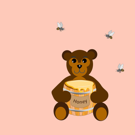vector graphics. On a pink background sits a toy bear with a barrel of honey. Bees fly around.のイラスト素材