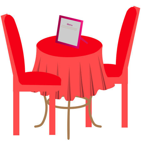 vector graphics. Table with red tablecloth. Nearby are two red chairs. There is a menu on the table on a stand.のイラスト素材