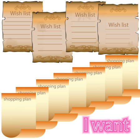 vector graphics. Below the inscription "I want". At the top are old sheets of paper with the inscription "wish list". Below are many sheets of paper with the inscription "shopping plan".のイラスト素材