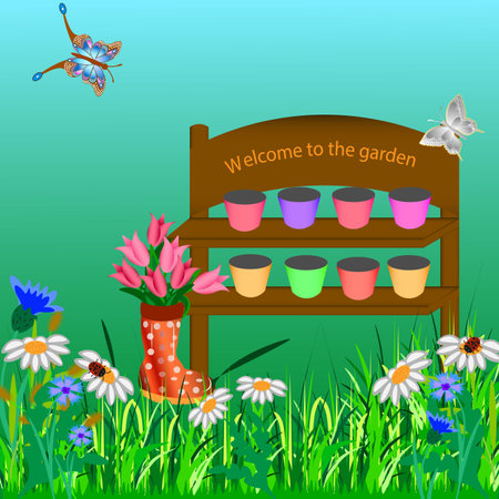 vector graphics. Daisies and cornflowers grow in the grass, butterflies fly. Near the shelf with pots is a boot with beautiful tulips.のイラスト素材