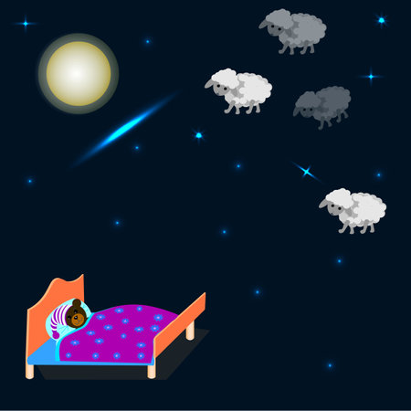 vector graphics. The moon and stars shine in the night sky. A teddy bear lies in bed counting sheep while trying to sleep.のイラスト素材