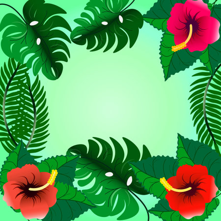 vector graphics. On a green background, a frame of tropical leaves of monstera and palm trees. Hibiscus leaves and flowers in the corners.のイラスト素材
