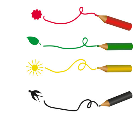 Vector graphics. On a white background, red, green, yellow and black pencils and drawings of a flower, leaf, sun and bird.のイラスト素材