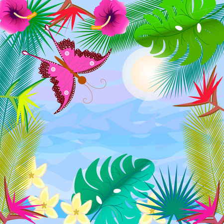 Vector graphics. Through the frame of monstera leaves, palm trees and tropical flowers, you can see the sea and the sun.のイラスト素材