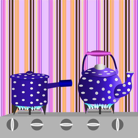 Vector graphics. On the gas stove, against the background of simple striped wallpaper, there is a saucepan and a kettle.のイラスト素材