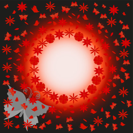Vector graphics. Background. On a dark background, red flowers, petals and flying butterflies.のイラスト素材