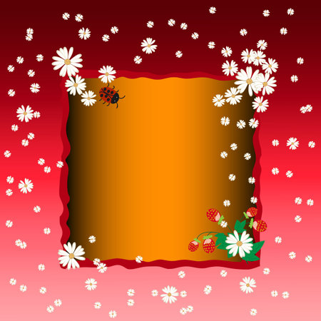 Vector graphics. Summer background. On a red background there is a frame and many daisies. In the frame there is a ladybug and a strawberry bush.のイラスト素材
