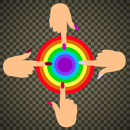Vector graphics. On a transparent background, four female hands press on a bright rainbow button.のイラスト素材