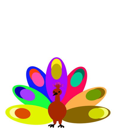Vector graphics. On a white background, a sketchy peacock with a multi-colored tail showing different paint colors.のイラスト素材