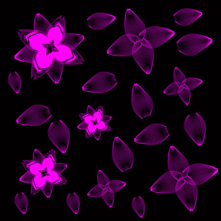 Vector graphics. Exotic pink flowers and petals are scattered on a black background.のイラスト素材