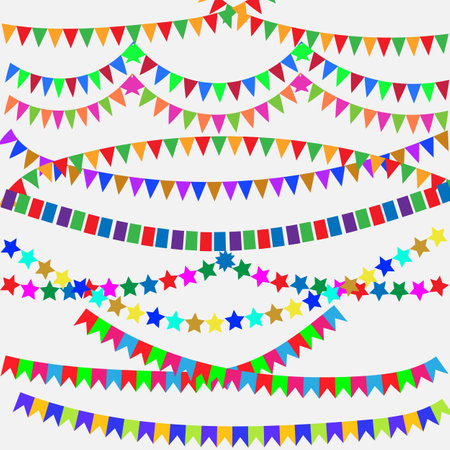 Vector graphics. On a white background there are festive garlands of multi-colored and different-shaped paper flags.のイラスト素材
