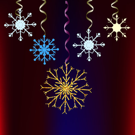 Vector graphics. On a red-blue background there are five snowflakes hanging on serpentine ribbons.のイラスト素材