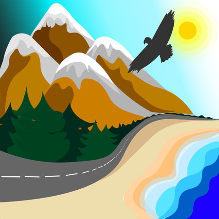 Vector graphics. Scenery. Mountains with snowy peaks, forest road, flying eagle. Sea.のイラスト素材