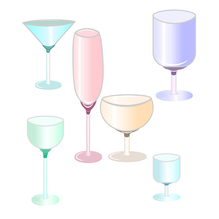 Vector graphics. On a white background there are six different glasses for different types of drinks.のイラスト素材