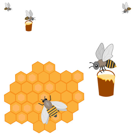 Vector graphics. On a white background there are honeycombs on which a bee sits. Two bees are flying...