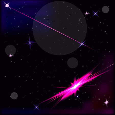 Vector graphics. Abstract star background. On a dark background there are many stars, flickering highlights and distant planets.のイラスト素材