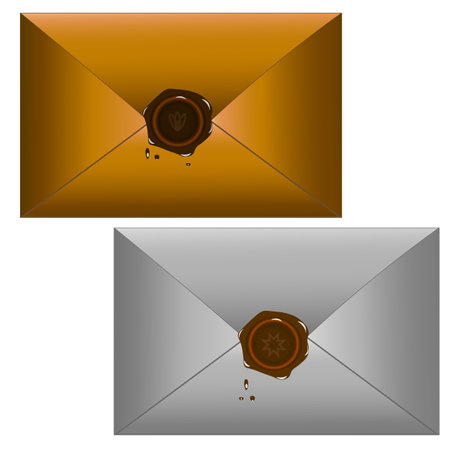 Vector graphics. On a white background there are two envelopes, white and yellow with sealing wax.のイラスト素材
