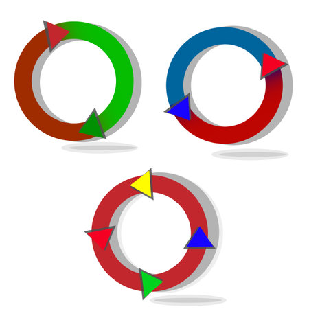 Circle diagram infographic set. Rotation round cycle vector scheme process template.Red, green and blue colors on a white background.のイラスト素材