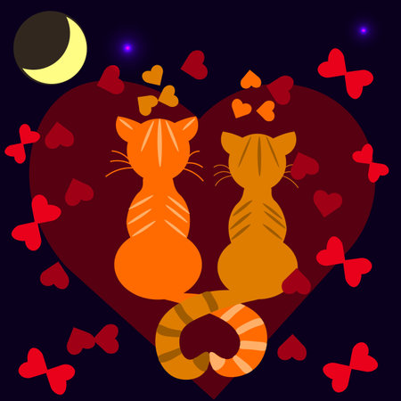 Vector graphics. The moon is shining. Against a background of many hearts sit two ginger cats whose tails are intertwined in the shape of a heart.のイラスト素材