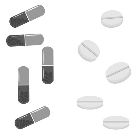 Vector graphics. On a white background, medical tablets and capsules in black and white colors.のイラスト素材