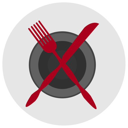 Vector graphics. Sign prohibiting eating. In a gray circle there is a plate crossed out with a red fork and knife.のイラスト素材