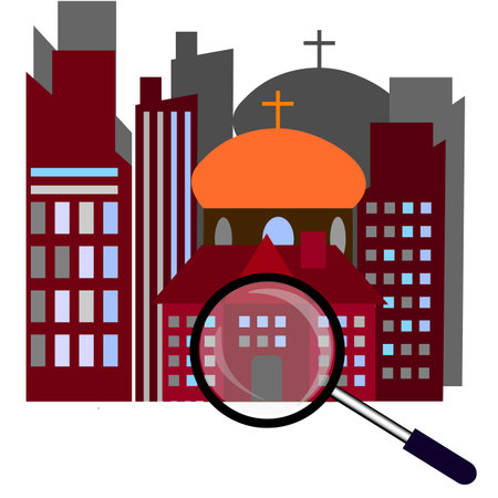 Vector graphics. On a white background under a magnifying glass there are beautiful multi-story red buildings and a church in the middle.のイラスト素材
