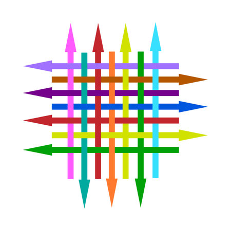 Vector graphics. On a white background there are many multi-colored arrows directed in opposite directions and intertwined with each other.のイラスト素材