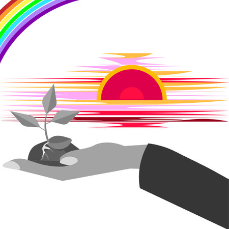 Vector graphics. Against the background of a bright sunrise and a rainbow, in a raised hand there is a handful of earth with a sprouted seed.のイラスト素材