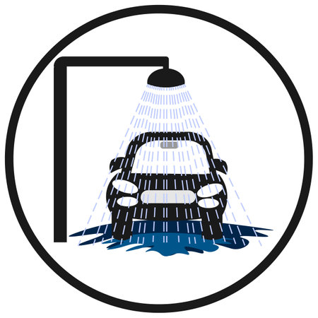 Vector graphics. Small business - car wash. There is an icon on a white background - the car is standing under the shower.のイラスト素材