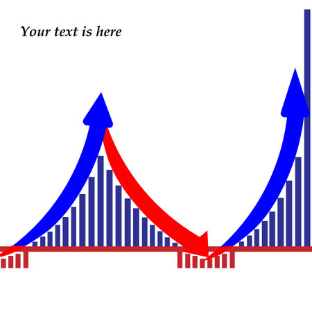 Vector graphics. A graph in red and blue tones showing the rise, fall and sharp rise of a business, price, and so on.のイラスト素材
