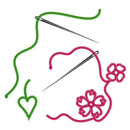 Vector graphics. On a white background there are two sewing needles tucked in with a thin twisted rope and embroidered flowers and a leaf.のイラスト素材