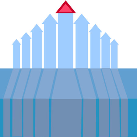 Vector graphics. On a white background there are nine blue arrows heading up the steps.