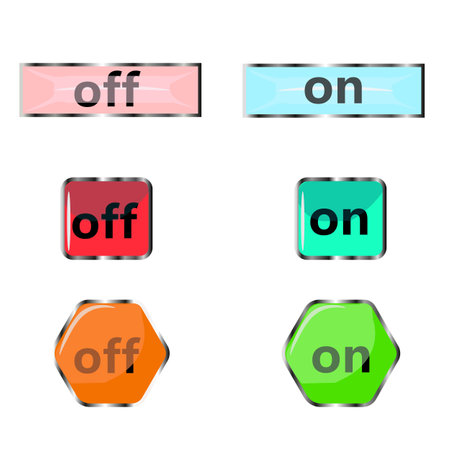 Vector graphics. On a white background there are six multi-colored buttons with the descriptions on...