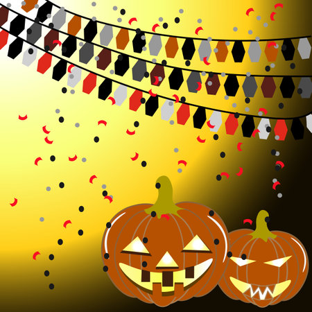 Vector graphics. Two Halloween pumpkins with glowing eyes, garlands of flags and falling confetti.のイラスト素材