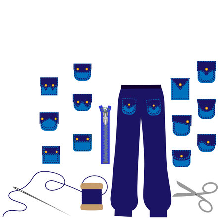 Vector graphics. On a white background, trousers with pockets, scissors, zipper, needle with thread and different types of pockets.のイラスト素材