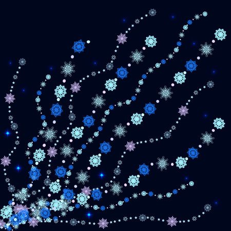 Vector graphics. On a blue background, an ornament of many different snowflakes.のイラスト素材