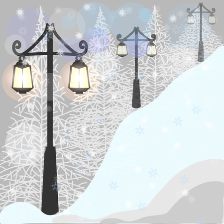 Vector graphics. Winter city park. Snow is falling. Snow-covered trees stand and lanterns burn on the poles.のイラスト素材