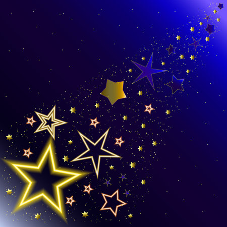 Vector graphics. On a dark blue background there are many golden shiny stars.のイラスト素材