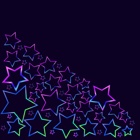 Vector graphics. On a dark blue background there are many bright glowing silhouettes of stars in blue tones.のイラスト素材