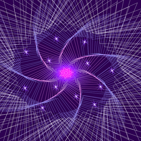 Vector graphics. Abstract background. On a dark blue background, lines in the form of concentric stars and bright glowing stars.のイラスト素材