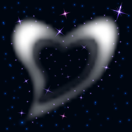Vector graphics. Abstraction. In the dark blue sky there are many bright stars and a cloud in the shape of a heart.のイラスト素材