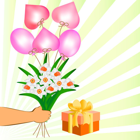 Vector graphics. Greeting card. Against the background of yellow rays, a man's hand holds a bouquet of daffodils and five pink balloons. There is a gift box nearby.のイラスト素材