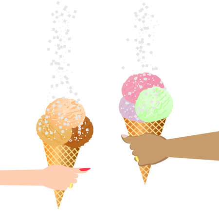 Vector graphics. Two hands hold ice cream in waffle cones against a white background.のイラスト素材
