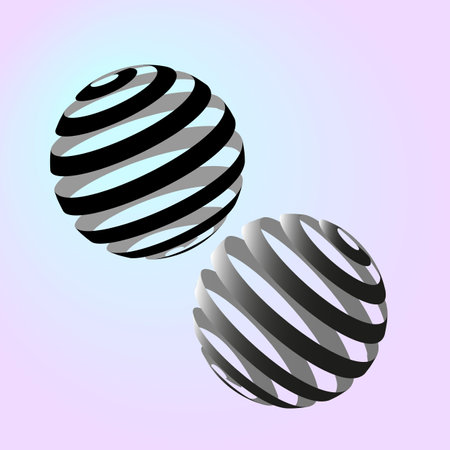 Vector graphics. 3D symbol, logo. Two volumetric empty spheres in black and gray tones on a gradient background.のイラスト素材