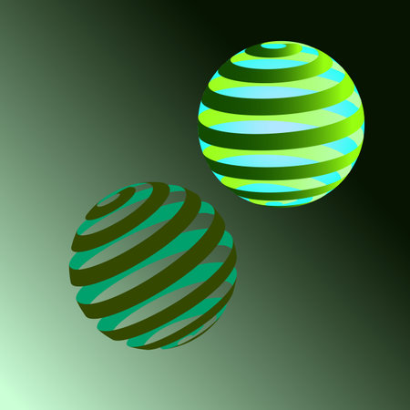 Vector graphics. 3D symbol, logo. Symbol of the Earth. On a green background, two volumetric empty spheres in green tones.のイラスト素材