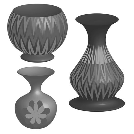 Vector graphics. Three vases in black and white tones with ornament on a white background.のイラスト素材